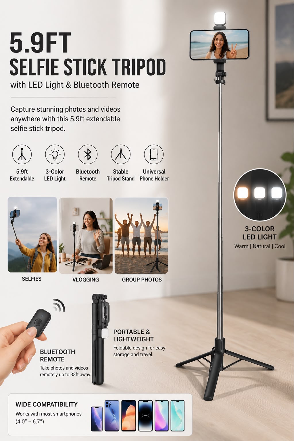5.9ft Extendable Selfie Stick Tripod with Bluetooth Remote